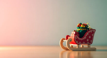 Miniature Toy Santa Sleigh on Table – Pastel Cozy Holiday Close-Up