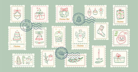 Winter Christmas postage stamps. Postal vintage sticker, icon, label, mail postmark. Hand drawn Christmas tree, gifts, bow,  wreath. Vector illustration.