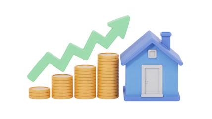 See Rising Real Estate Investment Values with this 3D Visualization of Coins and a Home, Showing a Growing Trend and Financial Success in Property