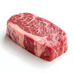 A single raw boneless beef steak is placed directly on a white background, highlighting its freshness, marbling,