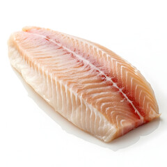 A single raw fish fillet is isolated on a pure white background, highlighting its freshness, clean texture,