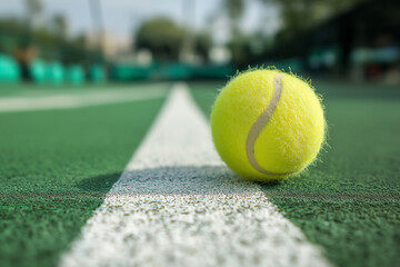 Tennis ball on a green tennis court. Perfect for sports blog posts, tennis tournament promotions, athletic event flyers, and sports themed designs.