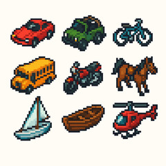 Fototapeta premium Pixelated transportation set featuring car, jeep, bicycle, bus, motorcycle, horse, boat and helicopter for retro game design or creative projects