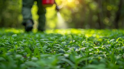 Worker applying pest control spray on vibrant lawn for effective pest management solutions
