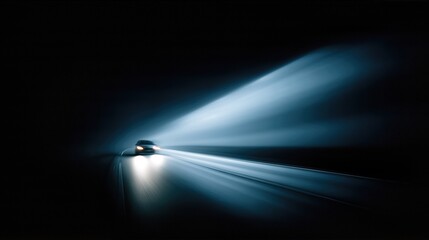 Fototapeta premium Car Driving On Dark Night Road With Bright Headlights. Futuristic Vehicle Beam Through Fog. Concept For Safety, Speed, Innovation, Transport, Danger Visuals