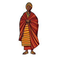 A Standing Woman in Traditional Attire with Wrapped Arms and Head Covering