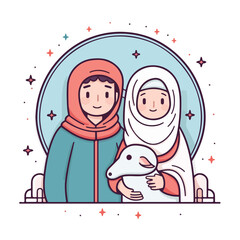 Adorable Cartoon Couple with Lamb Surrounded by Decorative Stars and Circle