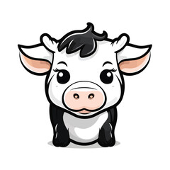 Adorable Cartoon Cow with Big Eyes and Glossy Black and White Fur