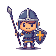 Adorable Cartoon Knight with Spear and Cross Shield