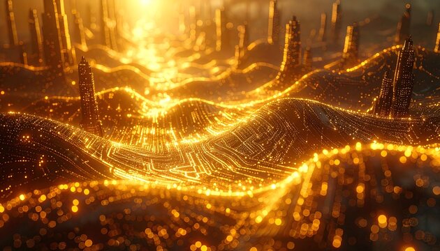 Golden landscape with tall, abstract pillars & glowing, flowing circuitry patterns. Depth of field is shallow