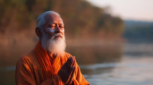 Elderly hindu monk wearing orange robe with white face paint and long beard meditating with hands in prayer position by water, for religious spiritual concept. - Powered by Adobe