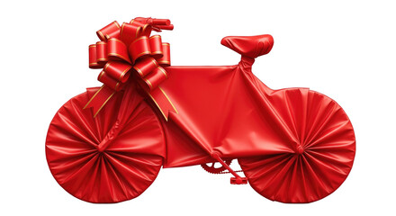 A gift bicycle fully wrapped in shiny red gift paper with a large decorative bow, creating a festive and elegant gift concept on a transparent PNG background.