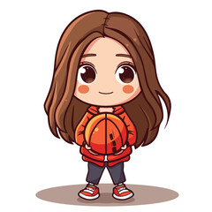 Adorable Chibi Girl Holding Basketball Sporting Red Outfit Smiling Cheerfully