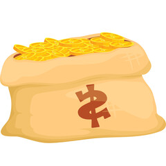 A Detailed Illustration of a Burlap Money Bag Overflowing with Golden Coins and a Prominent Dollar...
