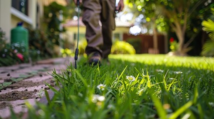 Worker spraying pest control on vibrant green lawn for effective pest management solutions