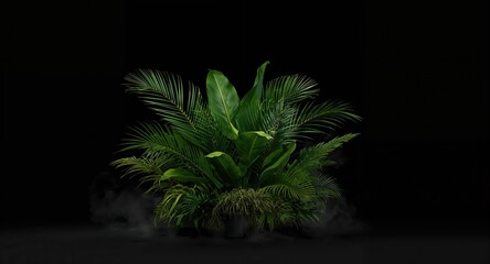 Tropical green leaves, palms, and bushes in darkness, serving as a background for text design, Earth Day