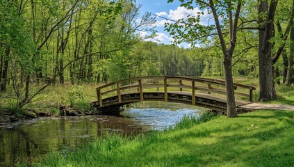 Fototapeta premium Side view of a small wooden bridge over Cherry Creek in Cherry Valley National Wildlife Refuge, highlighting habitat preservation, Earth Day
