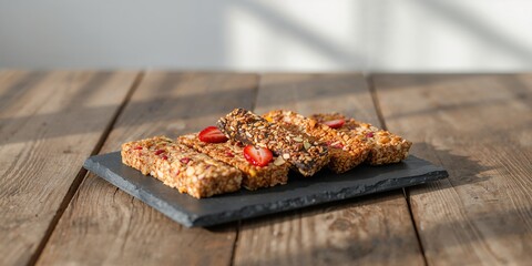 Assorted granola bars on a slate serving platter, highlighting snack variety and texture diversity