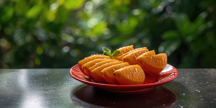 Boiled Pisang Kepok on a red plate, highlighting traditional snack preparation