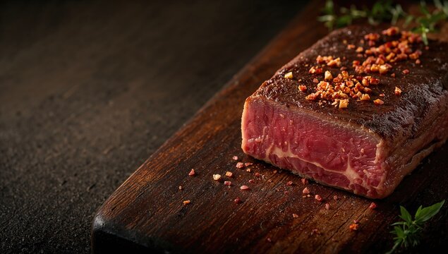 Close-up of a charred wooden serving board with dry-aged wagyu roast beef seasoned with chili and red wine salt, emphasizing flavor enhancement