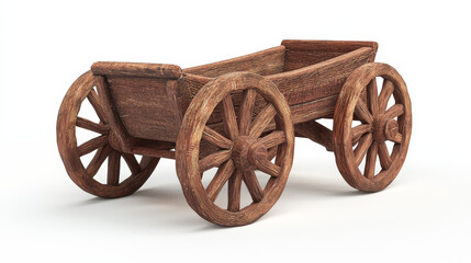 A rustic wooden cart with spoked wheels standing on a white background.