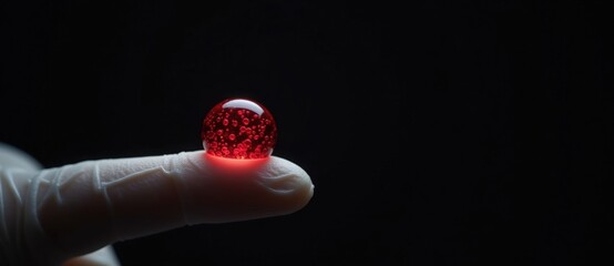 Gloved hand holding a glowing red sphere with bubbles. Futuristic science and medical research concept. Macro detail on a black background.