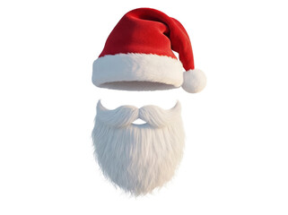 Santa Claus hat and beard isolated PNG on transparent background, festive Christmas costume element for holiday designs