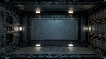 Dark futuristic corridor with metal walls and lights. Suitable for scifi projects, video games, and futuristic concepts, depicting a sleek, hightech passageway with industrial aesthetics and lighting.
