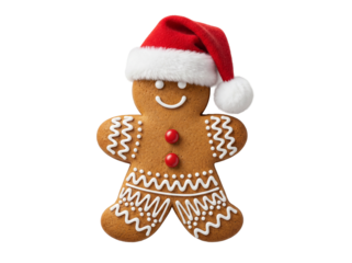 Gingerbread man with Santa hat isolated PNG on transparent background, festive Christmas cookie for holiday season design projects