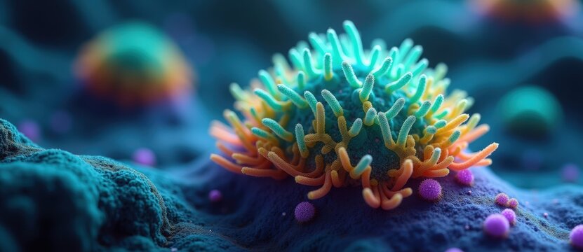 Microscopic view of a virus cell or pathogen. Detailed 3D illustration of a microbe on a cellular surface. Medical research and immunology concept