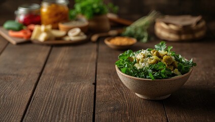 Salad with gherkins and green leaves, emphasizing fresh and crunchy textures for a healthy meal, food background