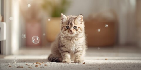 Scottish Fold kitten with large eyes playing in a home environment, emphasizing natural behavior