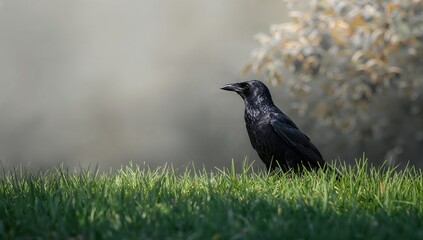 Obraz premium Raven perched on lush green grass in a natural setting, emphasizing wildlife observation