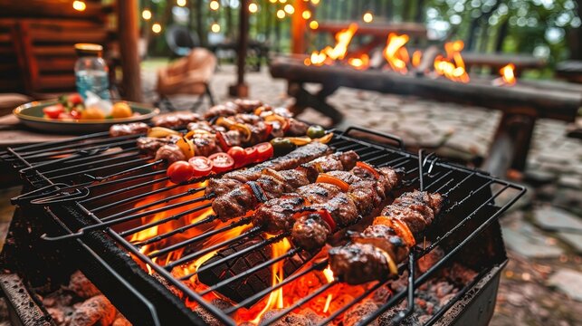 Memorial day barbecue celebration on the patio with guests, american flag, and kids playing