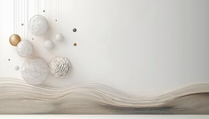 A minimalist composition featuring several hanging geometric spheres and a detailed rose sculpture against a plain wall, with a layered, wavy surface at the bot