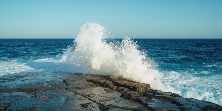 Waves crashing against rocks on the beach during summer, natural coastal landscape, Earth Day