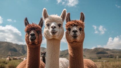 Obraz premium Three alpacas gathered under a clear blue sky, showcasing teamwork
