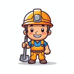 Fototapeta premium Cartoon construction worker with orange hardhat and overalls holding a shovel