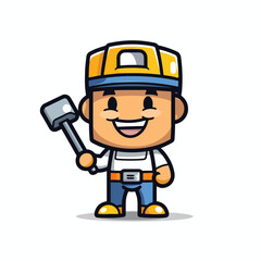 Fototapeta premium Cartoon Construction Worker with Yellow Hard Hat and Hammer Smiling Joyfully