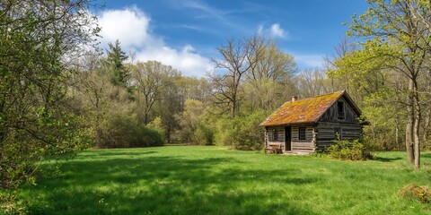 Obraz premium Old wooden cabin nestled among trees in a spring forest, serving as a rustic retreat for nature exploration