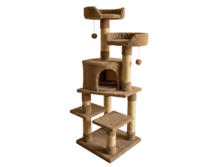 Multi-level cat tree with scratching posts isolated PNG, brown plush pet furniture on transparent background for indoor cat activity