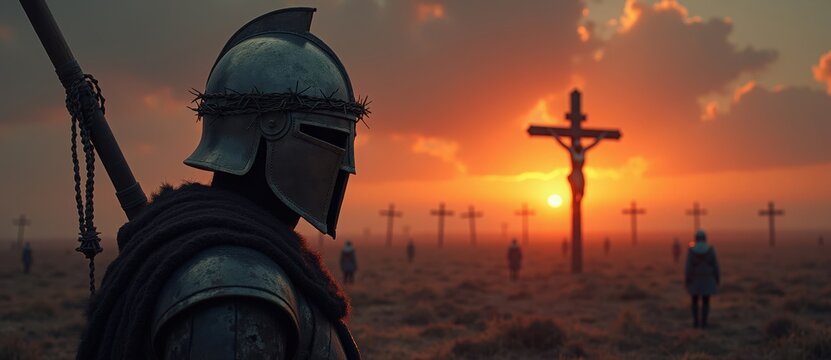 An epic warrior in armor with a crown of thorns watches the crucifixion of Jesus Christ at sunset. Religious concept of faith and sacrifice
