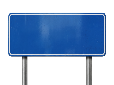 Blank blue road sign isolated PNG, empty traffic signage for customizable messages and directions on transparent background