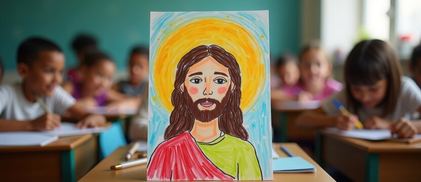A child's drawing of Jesus Christ on a desk in a classroom. Religious education and art lesson for children. Childhood faith and creativity concept