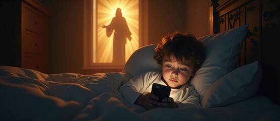 Child using a smartphone in bed at night with a glowing vision of Jesus Christ in the window. A spiritual concept of faith, technology, and modern distraction