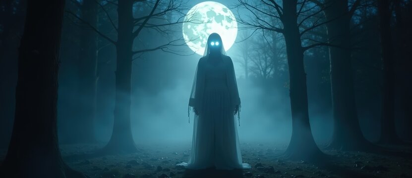 A spooky ghost with glowing eyes in a dark foggy forest at night. Supernatural female spirit silhouetted against a full moon. Horror and Halloween mystery concept