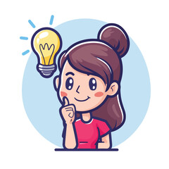 Cartoon girl with brown hair and a red shirt having an idea