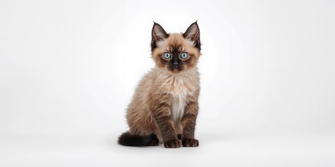 Burmese pet kitten with white fur and blue eyes, portrait emphasizing innocence, pet safety awareness