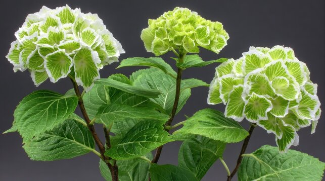 Three vibrant flowering bushes display variegated green and white blossoms against a dark background