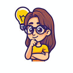 Obraz premium Cartoon girl with glasses and a bright yellow lightbulb idea above her head